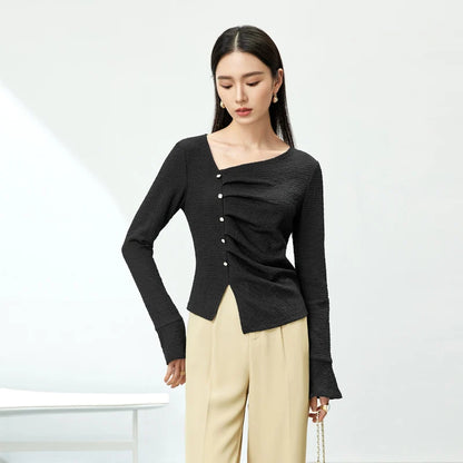 Elegant Knitted Pullover Top with Split Hem & Folds