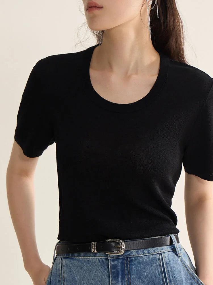 Casual Round Neck Knit T-shirt & Solid Tees