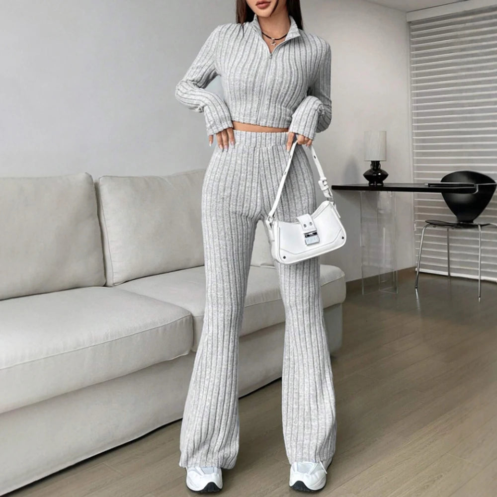 Zipper Long Sleeve Stand Collar Crop Top & High Waist Ankle Bell-Bottoms Set