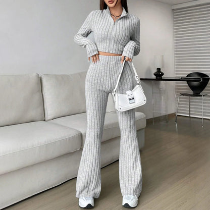 Zipper Long Sleeve Stand Collar Crop Top & High Waist Ankle Bell-Bottoms Set