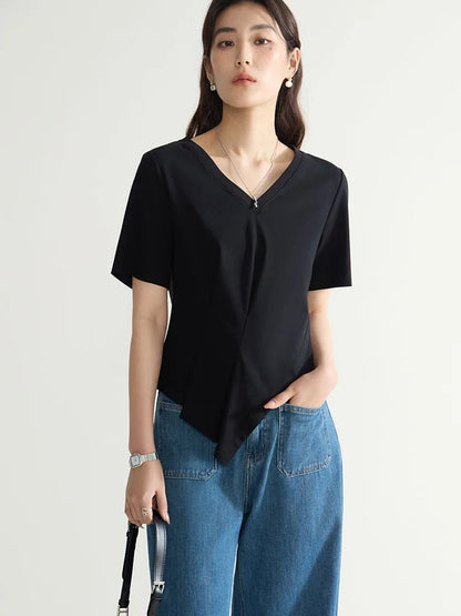 V-Neck Cotton Short Sleeve Tee & Pleated T-Shirt