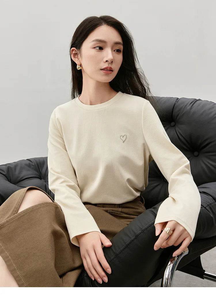 Solid Embroidery Crew Neck Long Sleeve T-shirt