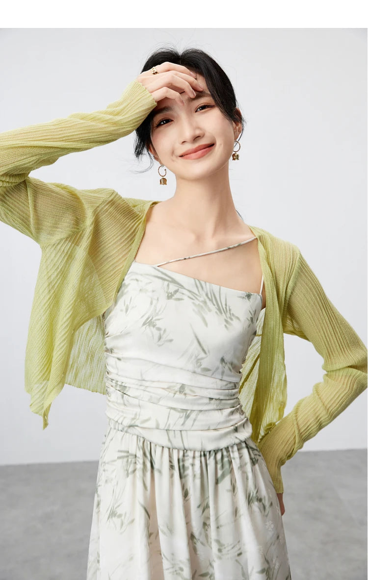 V-neck Cropped Knitted Cardigan & Long Sleeve Top