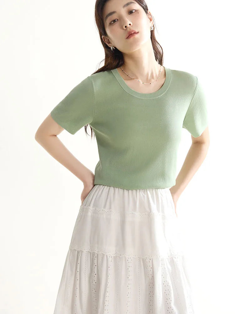 Casual Round Neck Knit T-shirt & Solid Tees