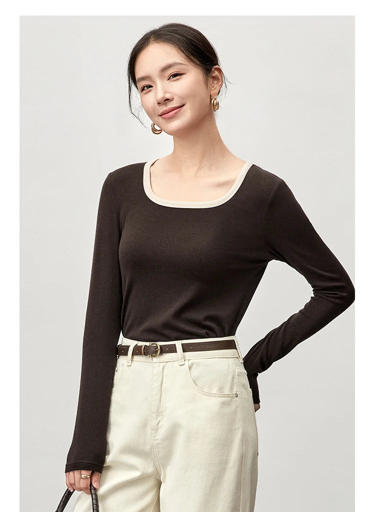 Patchwork Square Neck Long Sleeve Knit Top