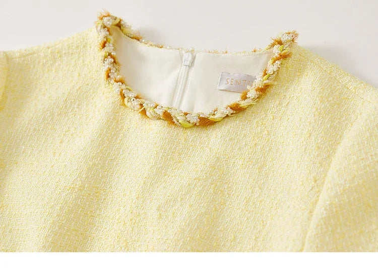 Tweed Short Sleeve Dress with Contrast Neckline