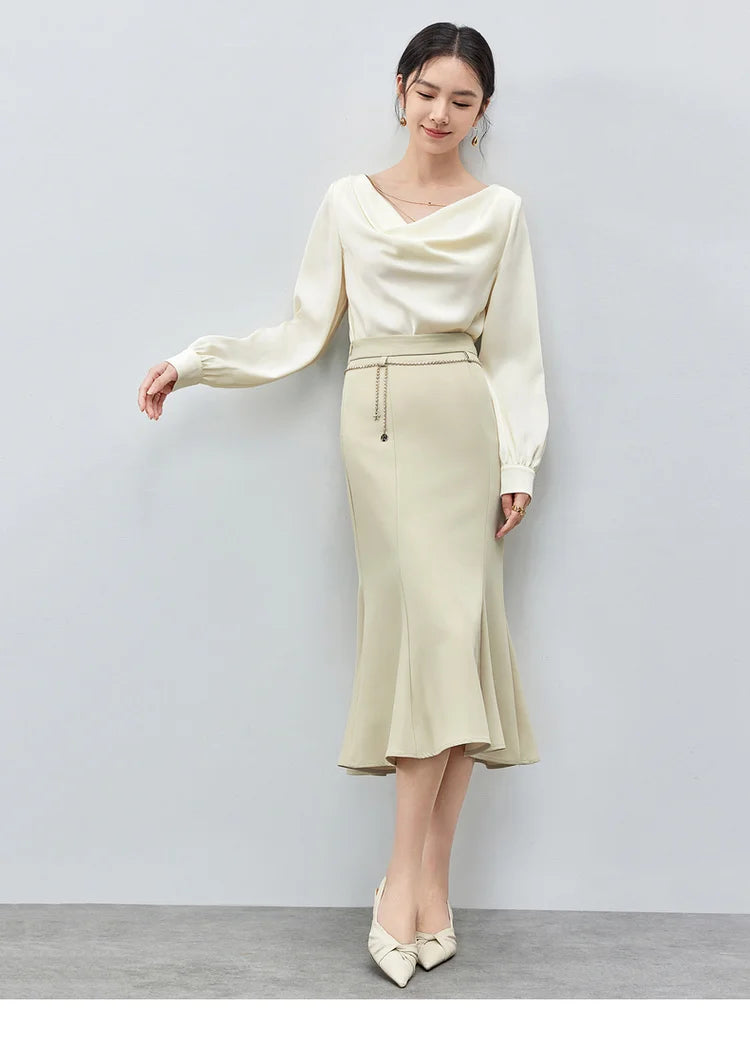 Elegant Swing Collar Satin Blouse with Chain Detail