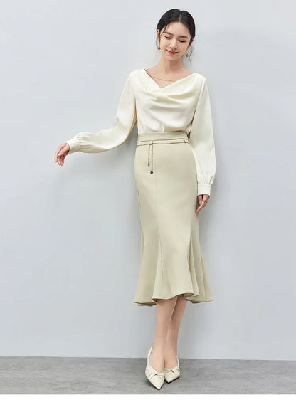 Elegant Swing Collar Satin Blouse with Chain Detail