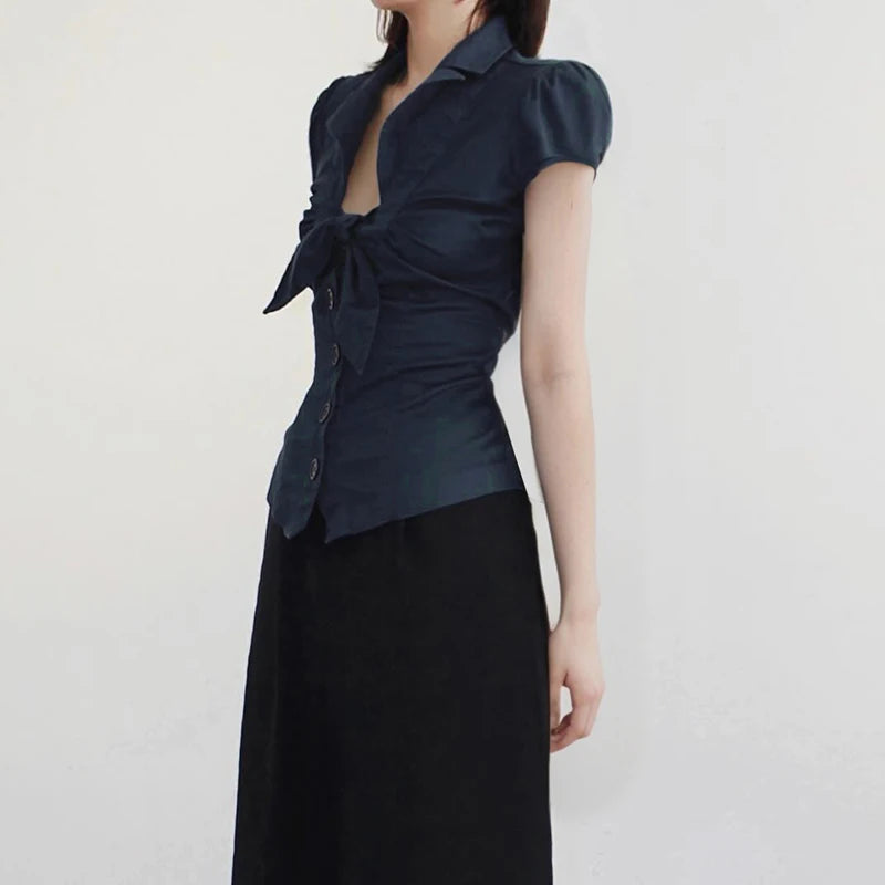 Puff Sleeve Bow Tie Blouse with Big Buttons