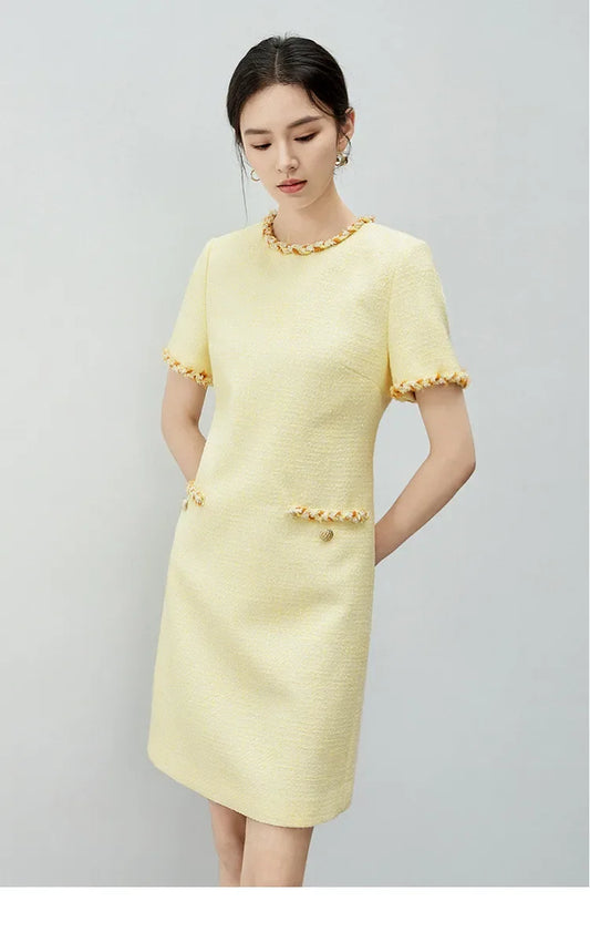 Tweed Short Sleeve Dress with Contrast Neckline