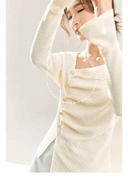 Elegant Knitted Pullover Top with Split Hem & Folds