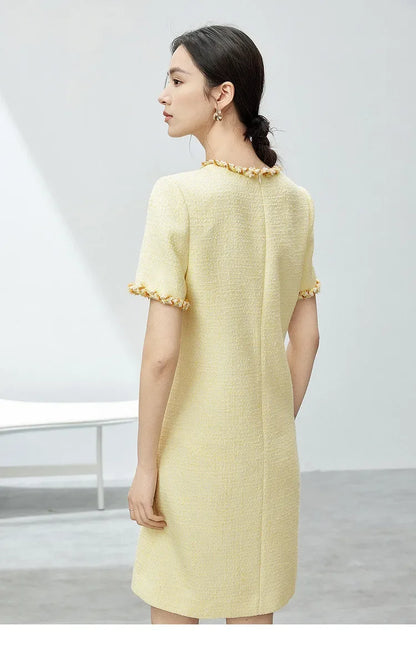 Tweed Short Sleeve Dress with Contrast Neckline