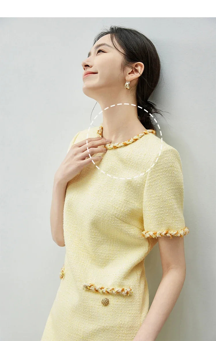 Tweed Short Sleeve Dress with Contrast Neckline