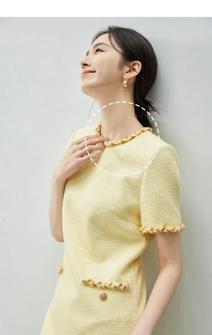 Tweed Short Sleeve Dress with Contrast Neckline