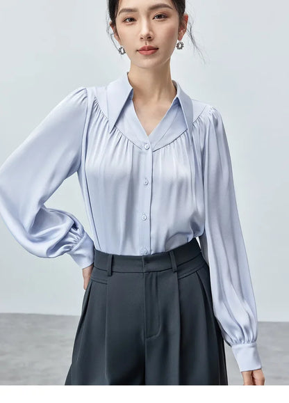 Elegant Loose Lapel Satin Long Sleeve Blouse