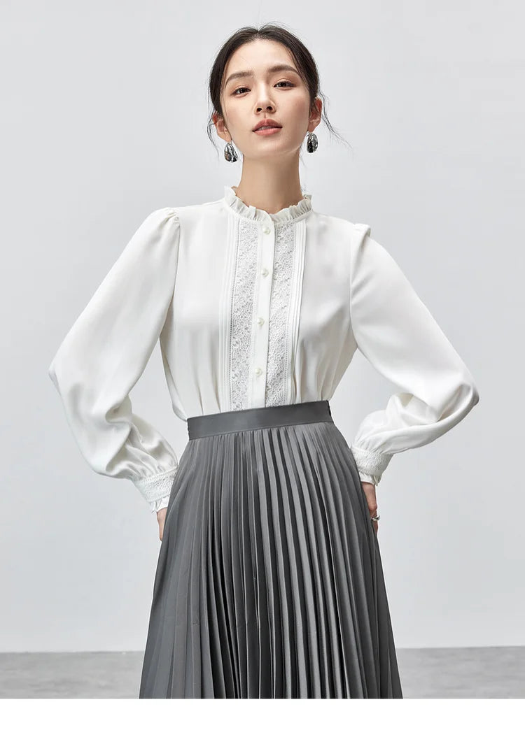 Lace Button Up Long Sleeve White Blouse