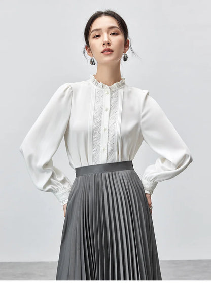 Lace Button Up Long Sleeve White Blouse