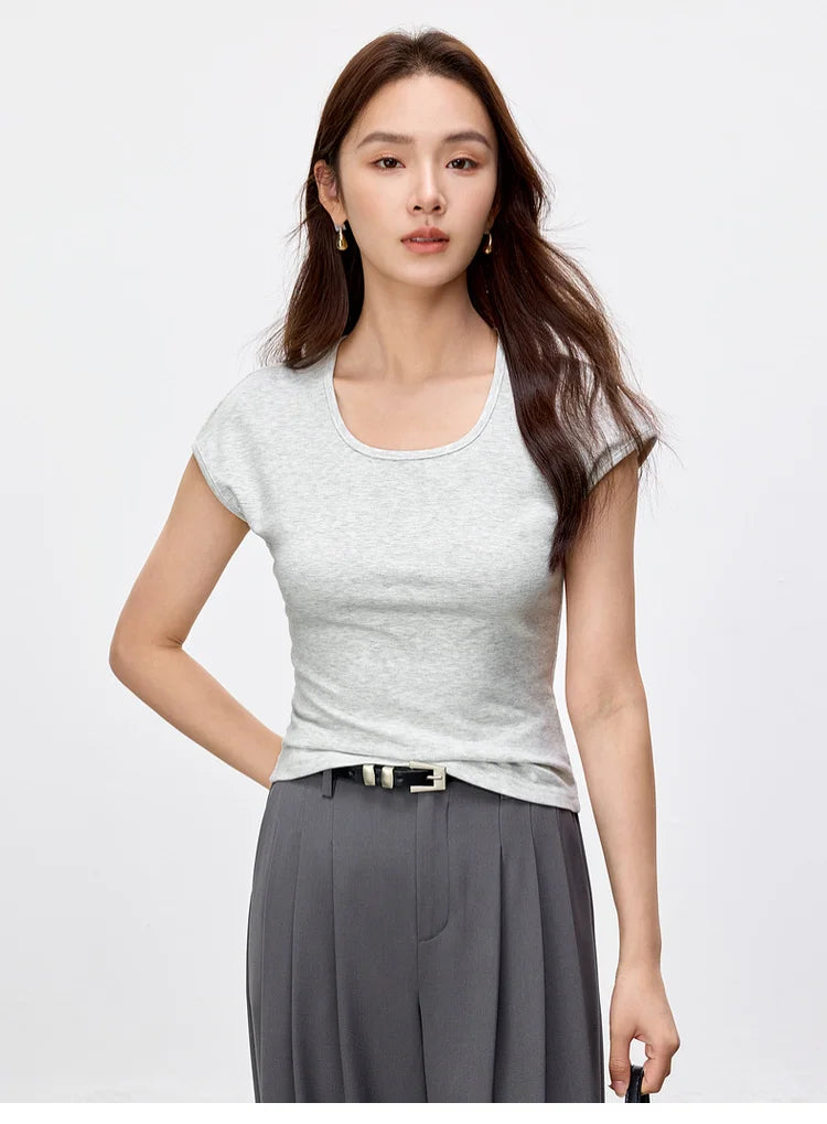 Slim Fit U Collar Short Sleeve Knit Top