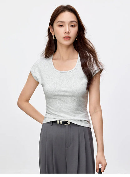 Slim Fit U Collar Short Sleeve Knit Top
