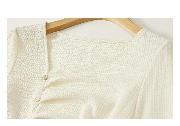 Elegant Knitted Pullover Top with Split Hem & Folds