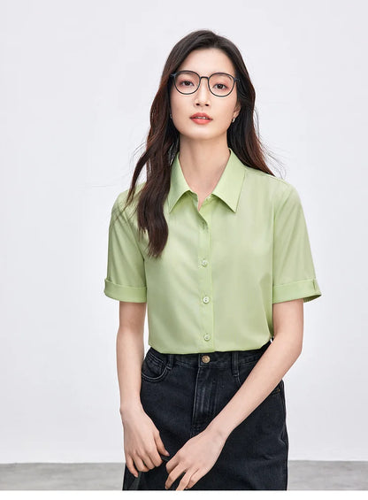 Simple Turn Down Collar Short Sleeve Blouse