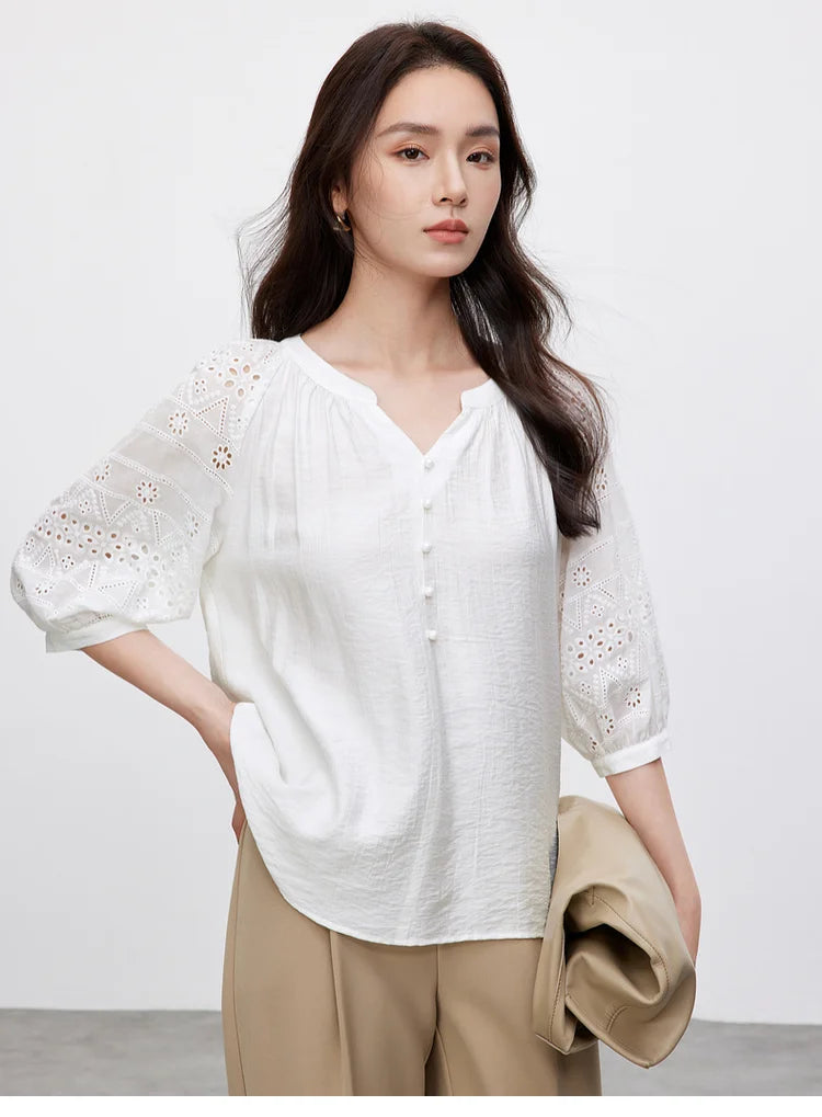 Hollow V Neck Chiffon Blouse & Embroidery Detail