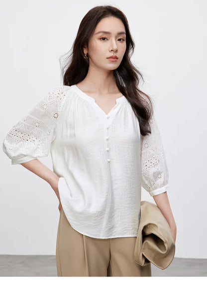 Hollow V Neck Chiffon Blouse & Embroidery Detail