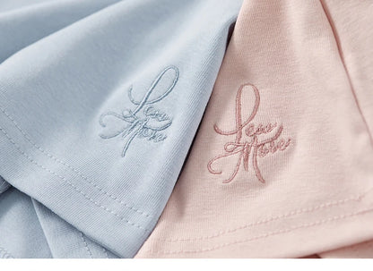 Solid Knitted Crewneck Short Sleeve Embroidery Top