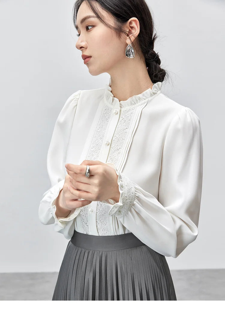 Lace Button Up Long Sleeve White Blouse