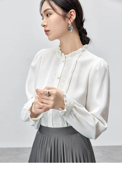 Lace Button Up Long Sleeve White Blouse