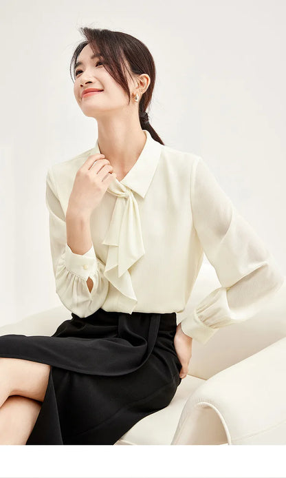 Elegant Bow Neck Chiffon Blouse & Long Sleeve Top