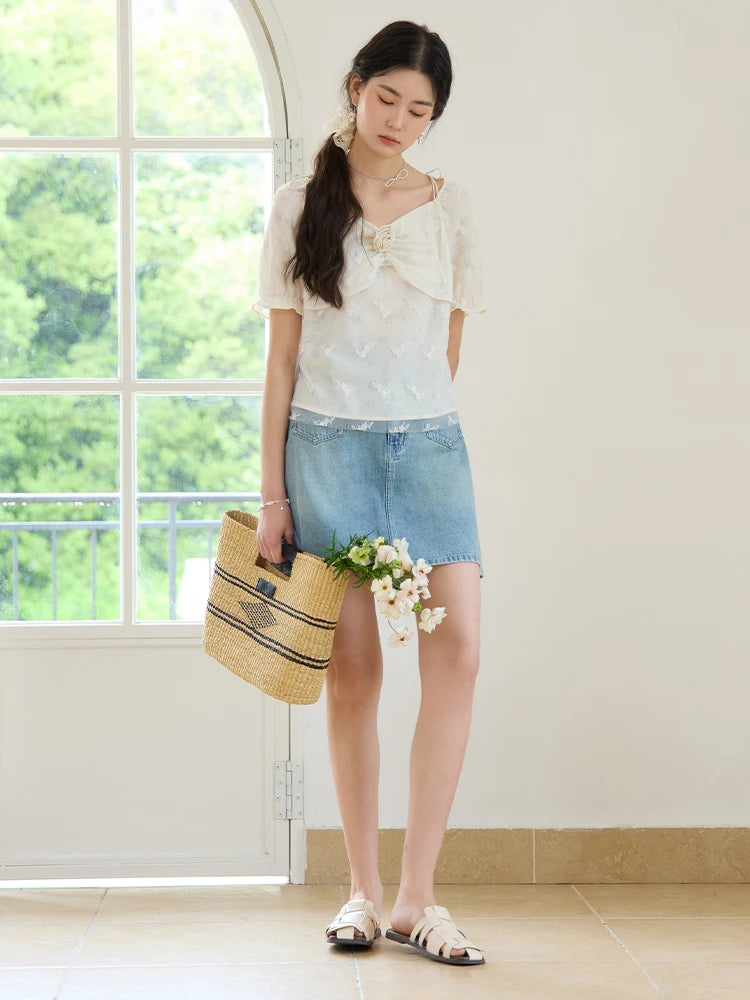 Beige Floral Chiffon Blouse & Detachable Brooch