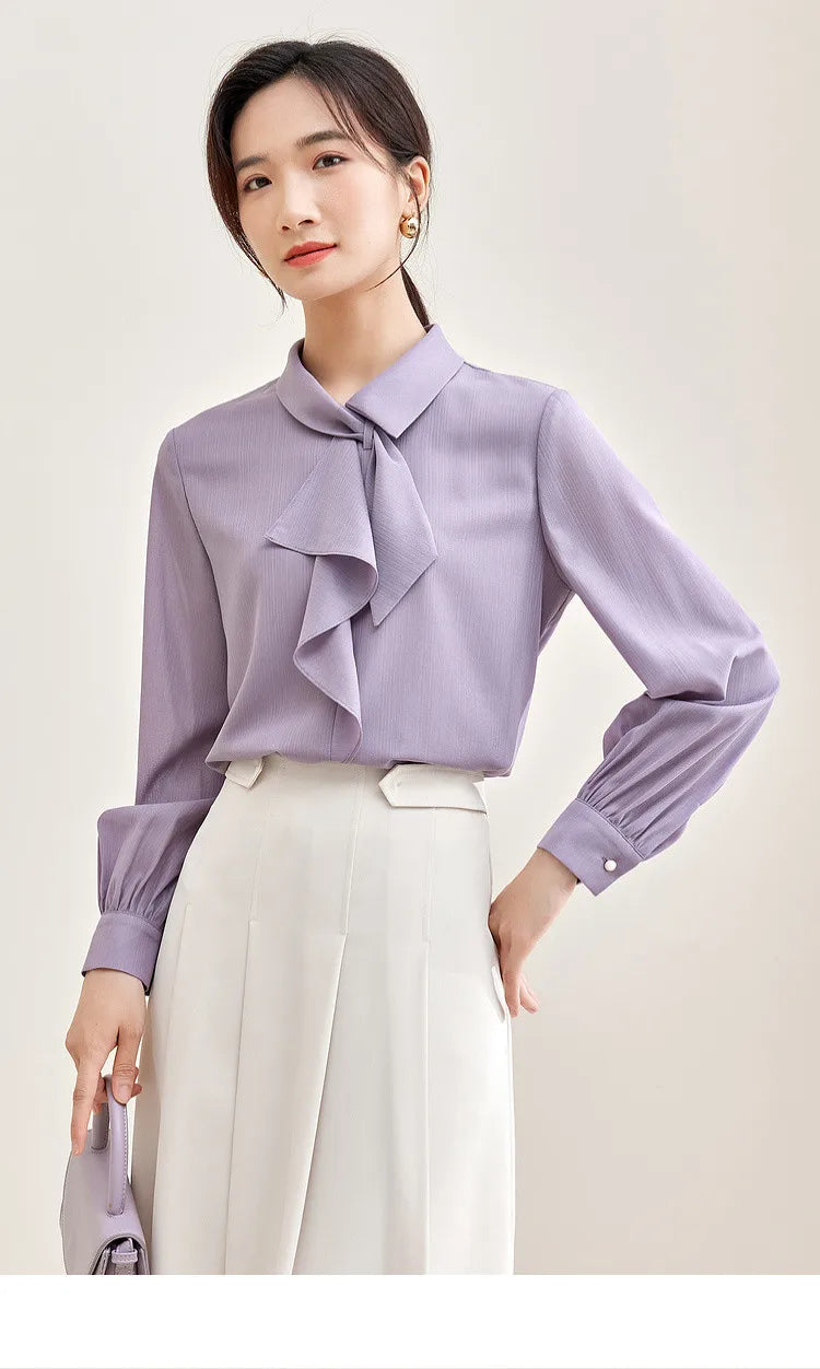 Elegant Bow Neck Chiffon Blouse & Long Sleeve Top