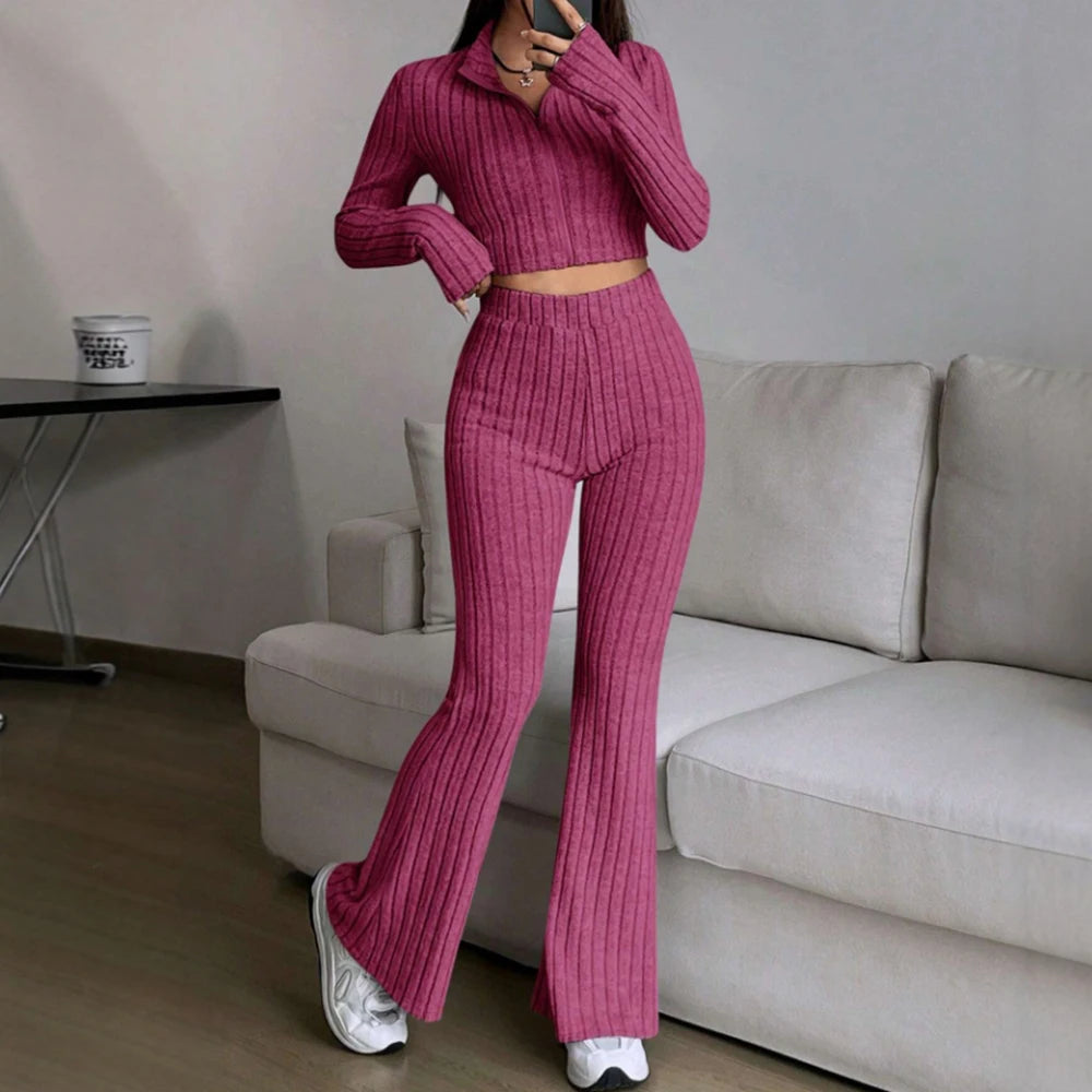 Zipper Long Sleeve Stand Collar Crop Top & High Waist Ankle Bell-Bottoms Set