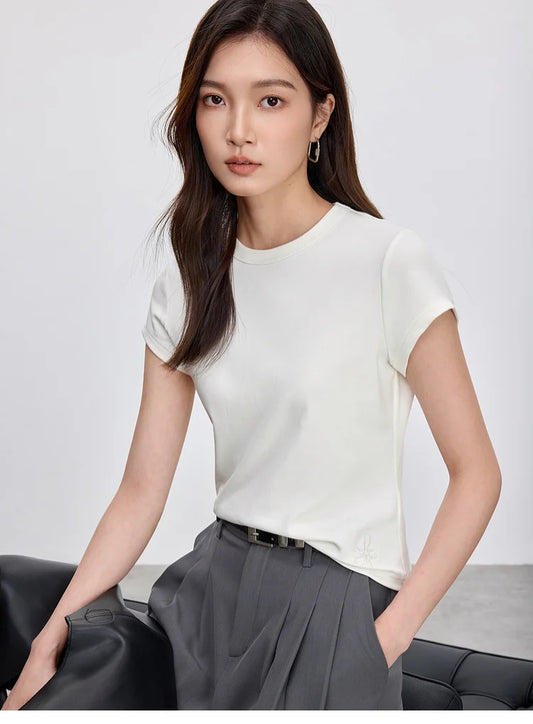 Solid Knitted Crewneck Short Sleeve Embroidery Top