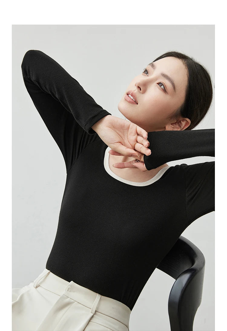 Patchwork Square Neck Long Sleeve Knit Top