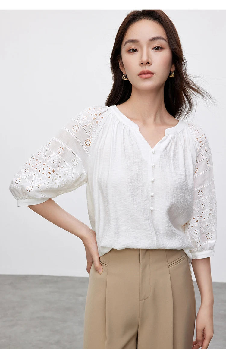 Hollow V Neck Chiffon Blouse & Embroidery Detail