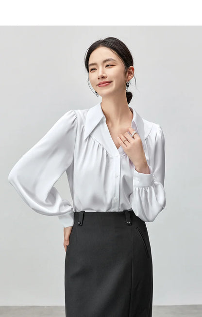 Elegant Loose Lapel Satin Long Sleeve Blouse
