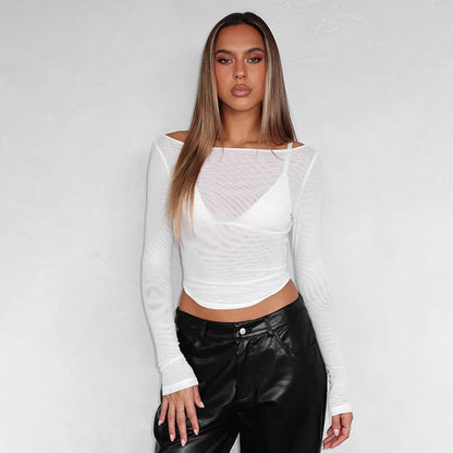 See-Through One Shoulder Mesh Pullover Top