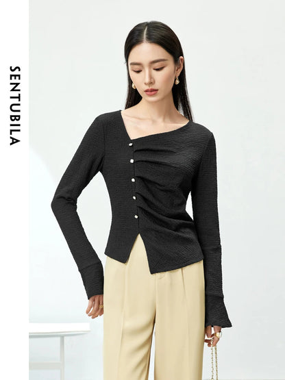 Elegant Knitted Pullover Top with Split Hem & Folds