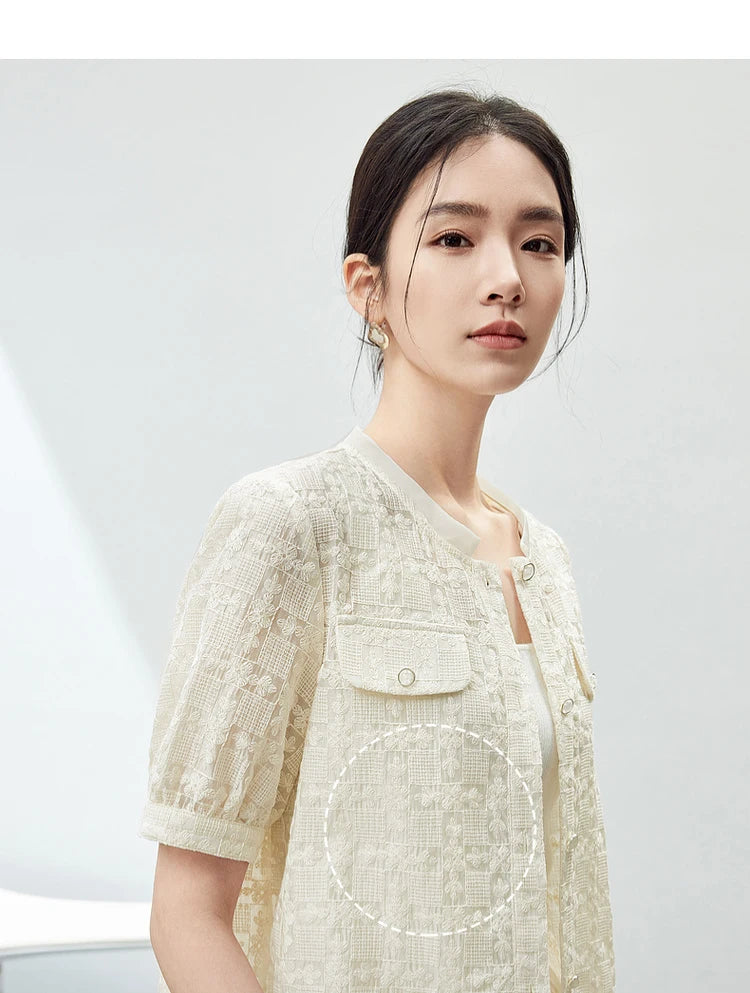 Elegant Tweed Cropped Coat with Round Neck & Short Sleeves