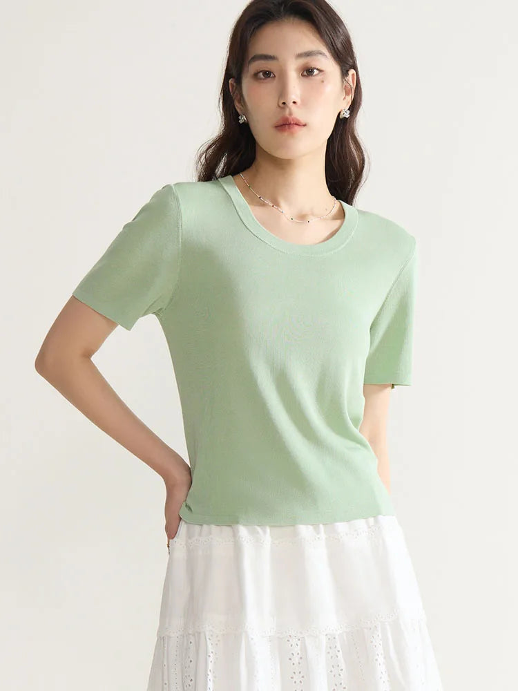 Casual Round Neck Knit T-shirt & Solid Tees