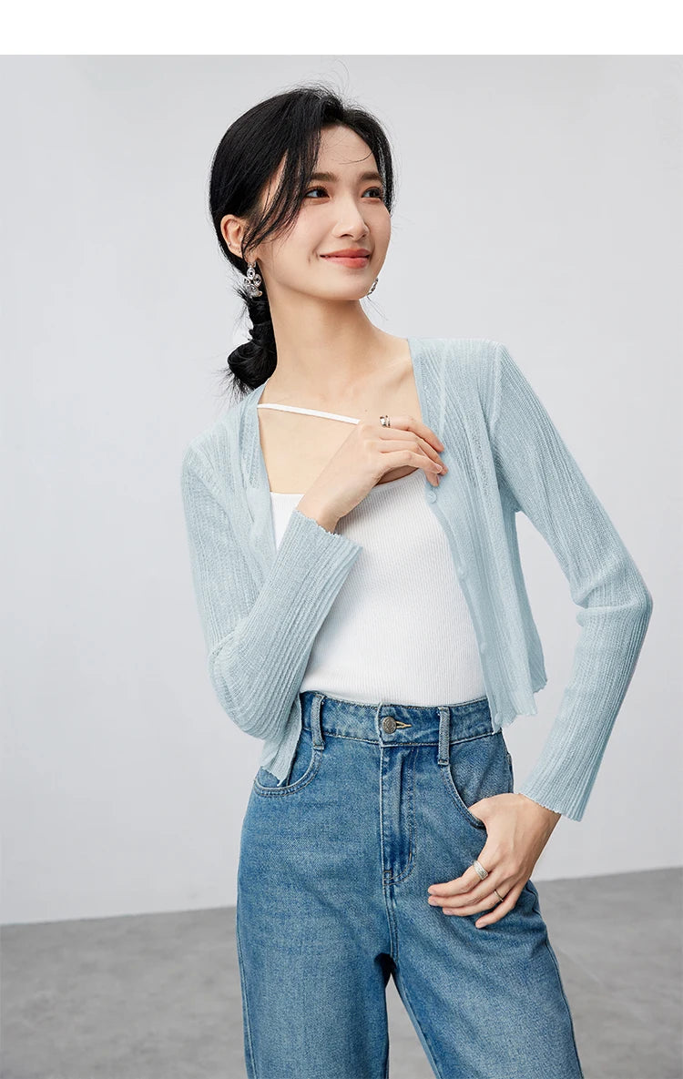 V-neck Cropped Knitted Cardigan & Long Sleeve Top