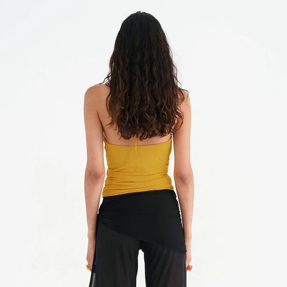 Backless Pleated Mesh Hanging Neck Sexy Top