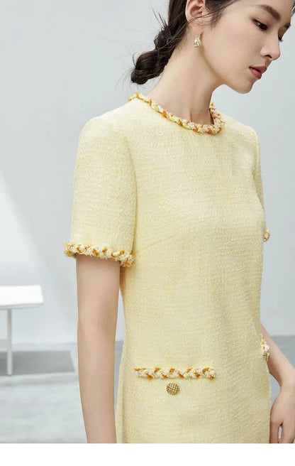 Tweed Short Sleeve Dress with Contrast Neckline