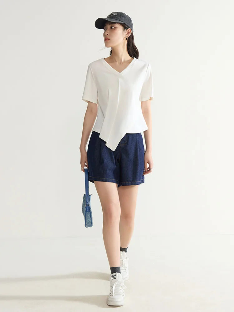 V-Neck Cotton Short Sleeve Tee & Pleated T-Shirt