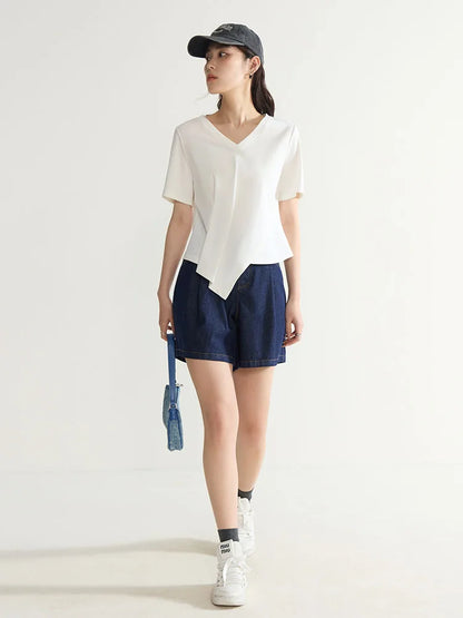 V-Neck Cotton Short Sleeve Tee & Pleated T-Shirt
