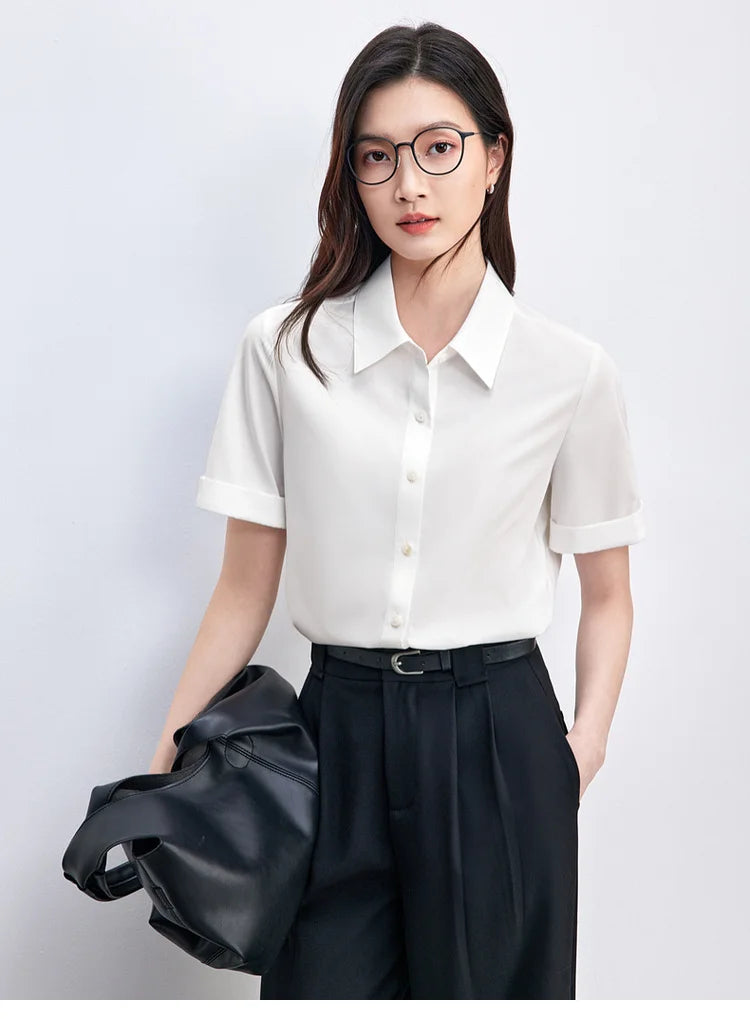 Simple Turn Down Collar Short Sleeve Blouse