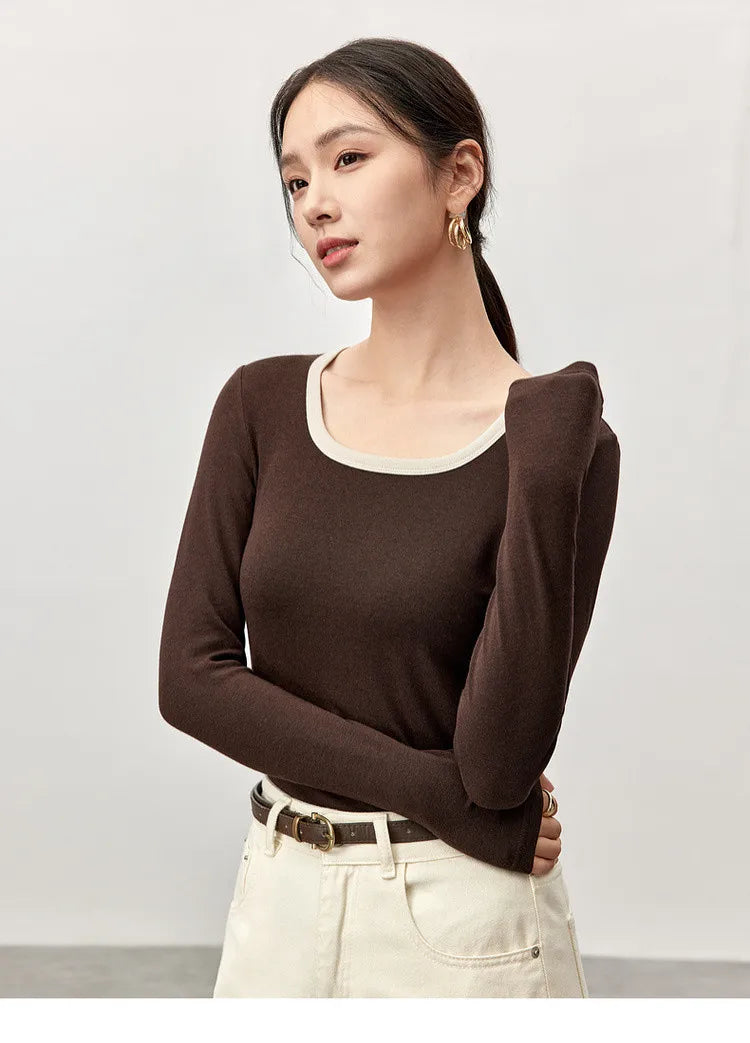 Patchwork Square Neck Long Sleeve Knit Top