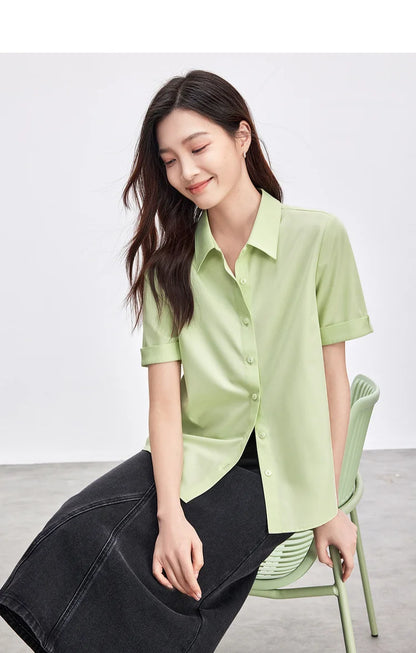 Simple Turn Down Collar Short Sleeve Blouse